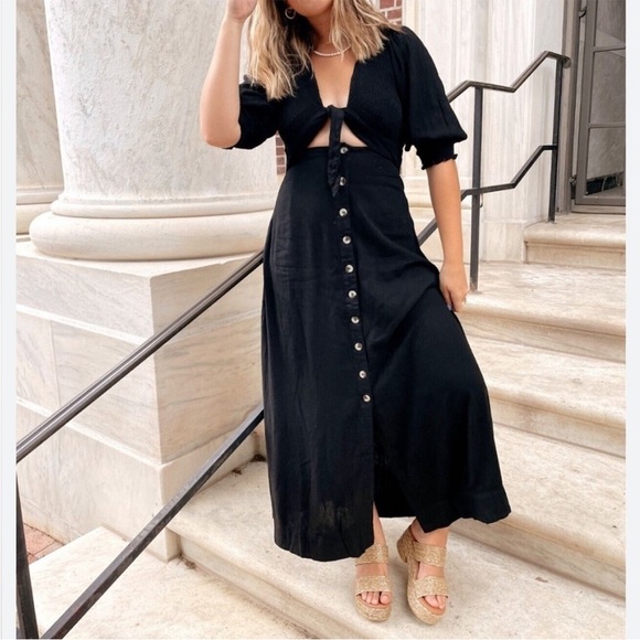 Free People Tie Front String of Hearts Maxi Dress Boho Black size large - Picture 3 of 14